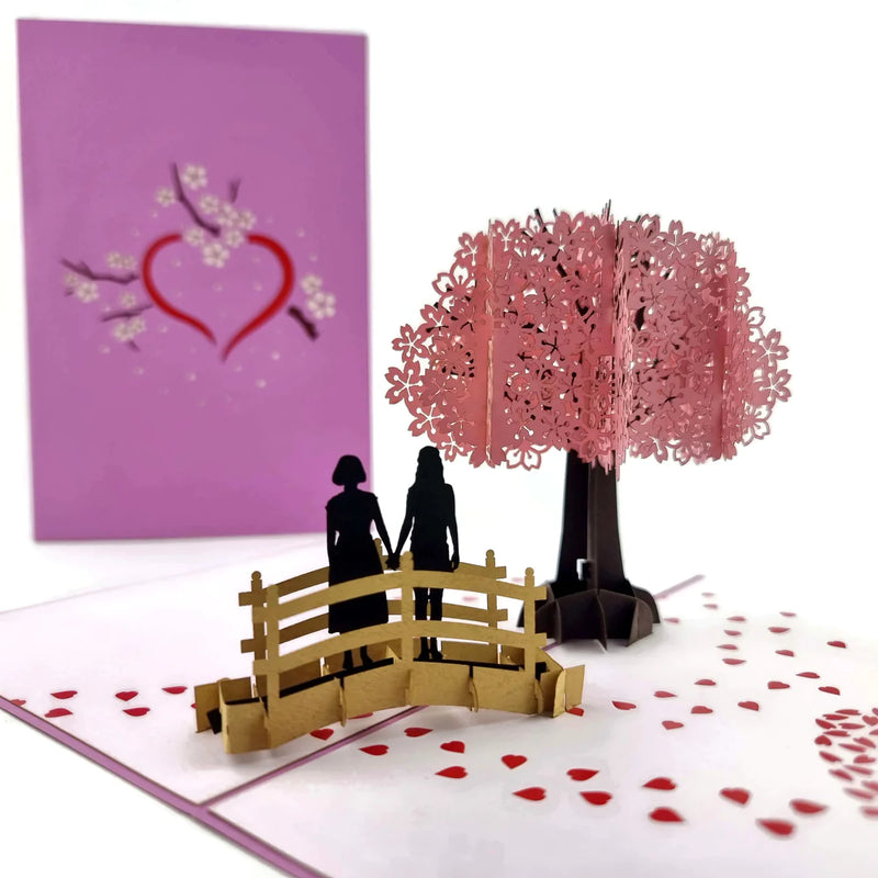 Cherry Blossom Love Scene Same Sex Female Pop Up Card Blank