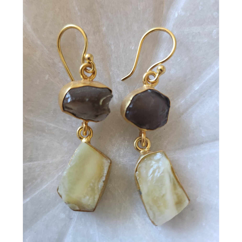 Yellow Opal & Smokey Quartz Crystal Drop Earrings