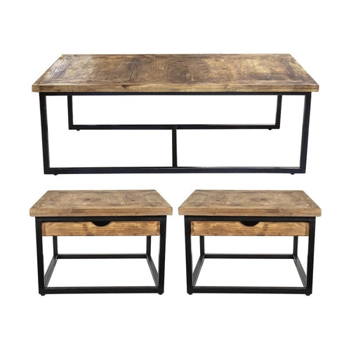 Sumatra 3 Piece Pine Timber & Iron Coffee Table Set - CLICK & COLLECT ONLY