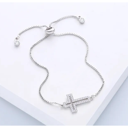 Adjustable Silver CZ Cross Bracelet