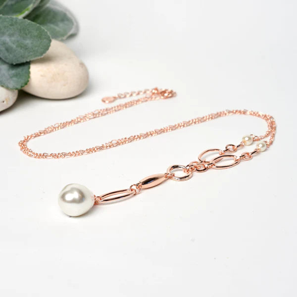 Rose Oval Link Pearl Drop Necklace