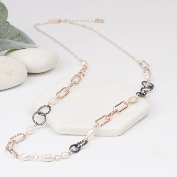 Rose Link & Hematite Pearl Necklace