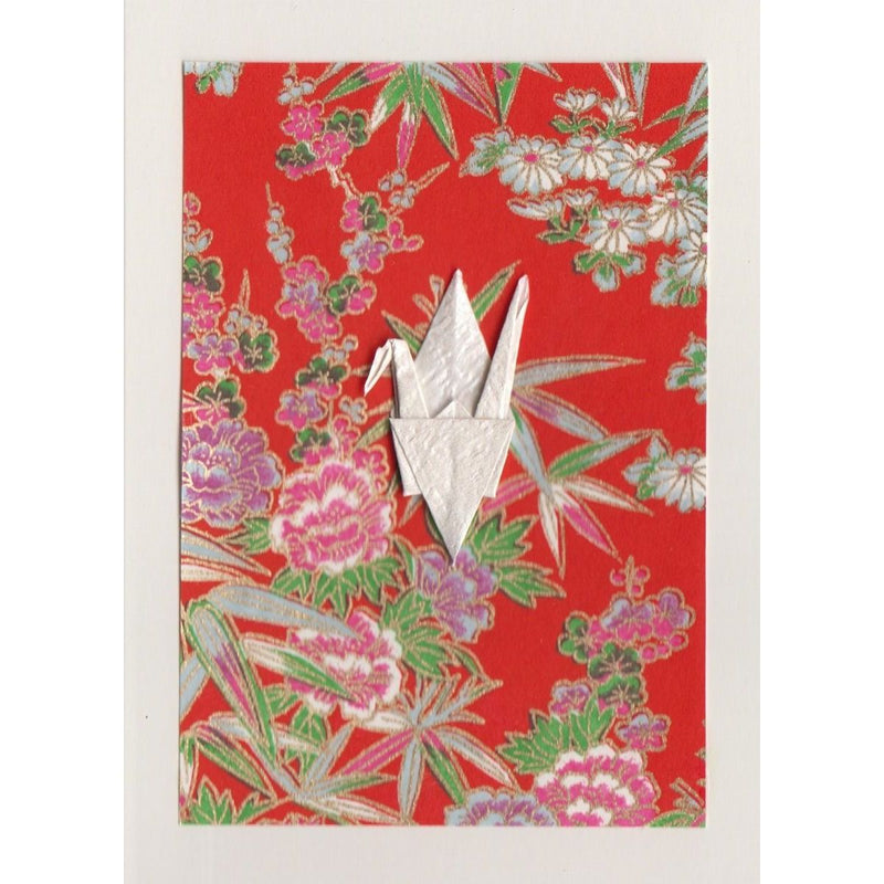 Red Floral Crane Origami Greeting Card