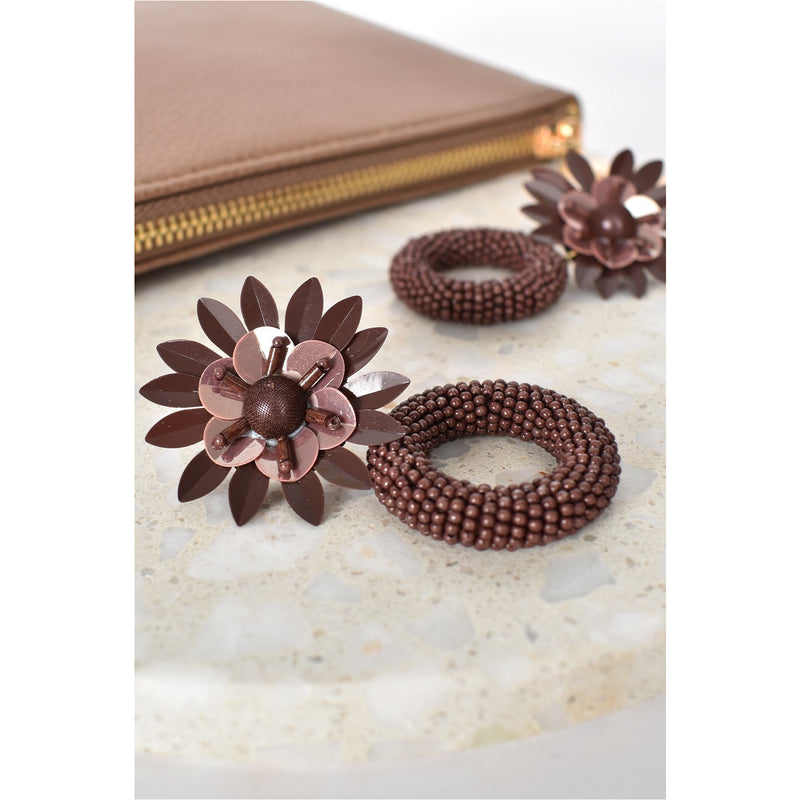 Floral Top Beaded Ring Earrings Chocolate