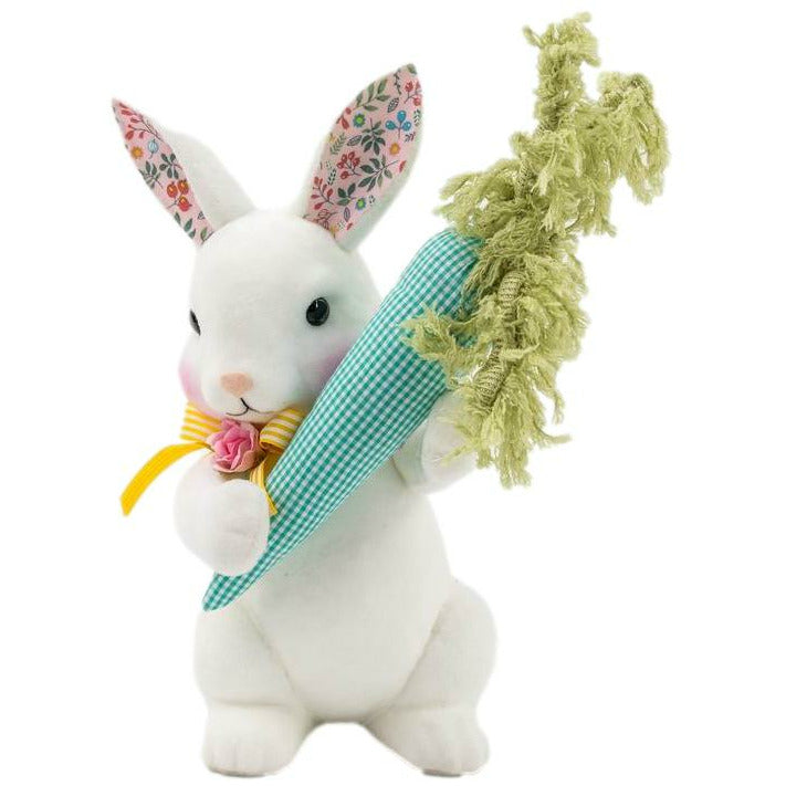 Pink Floral Standing Bunny Holding A Carrot