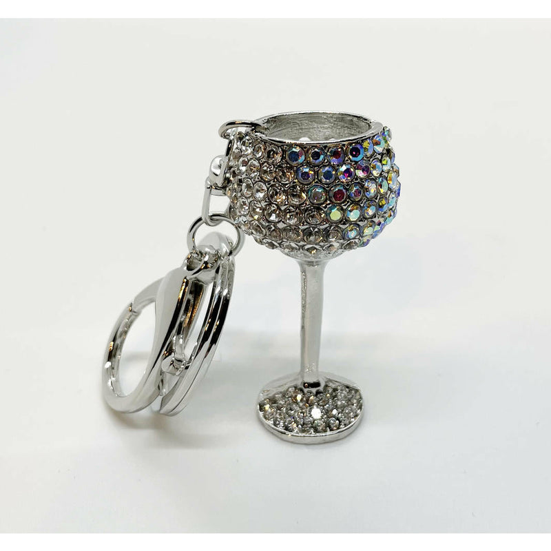 White Wine Glass Silver with Clear Crystal  Keyring