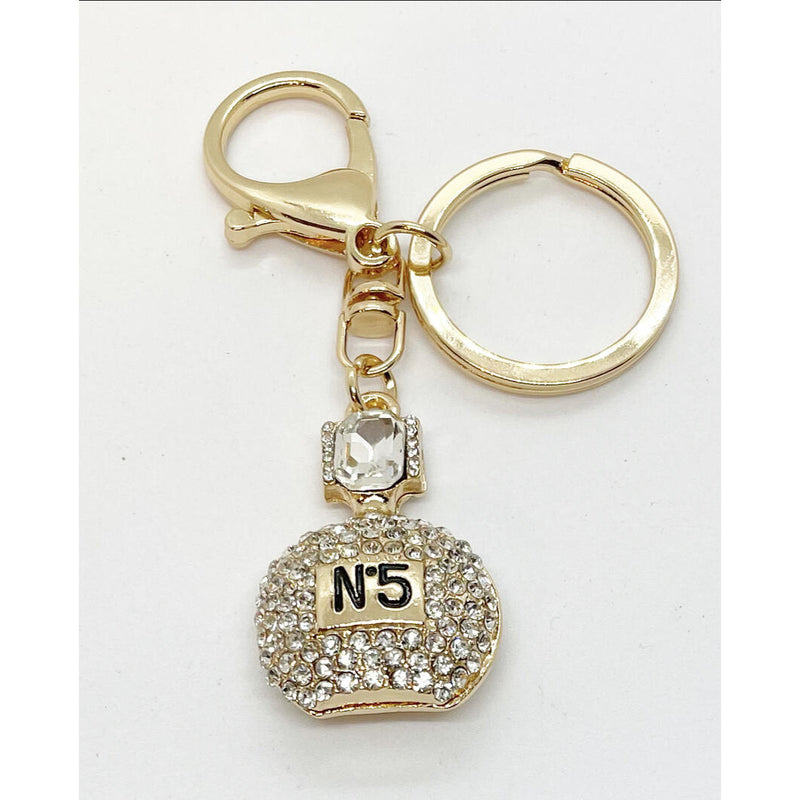 No 5 Perfume Bottle With Crystals Gold  Keyring