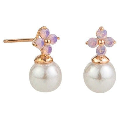 Rose Crystal Flower & Pearl  Stud Earring