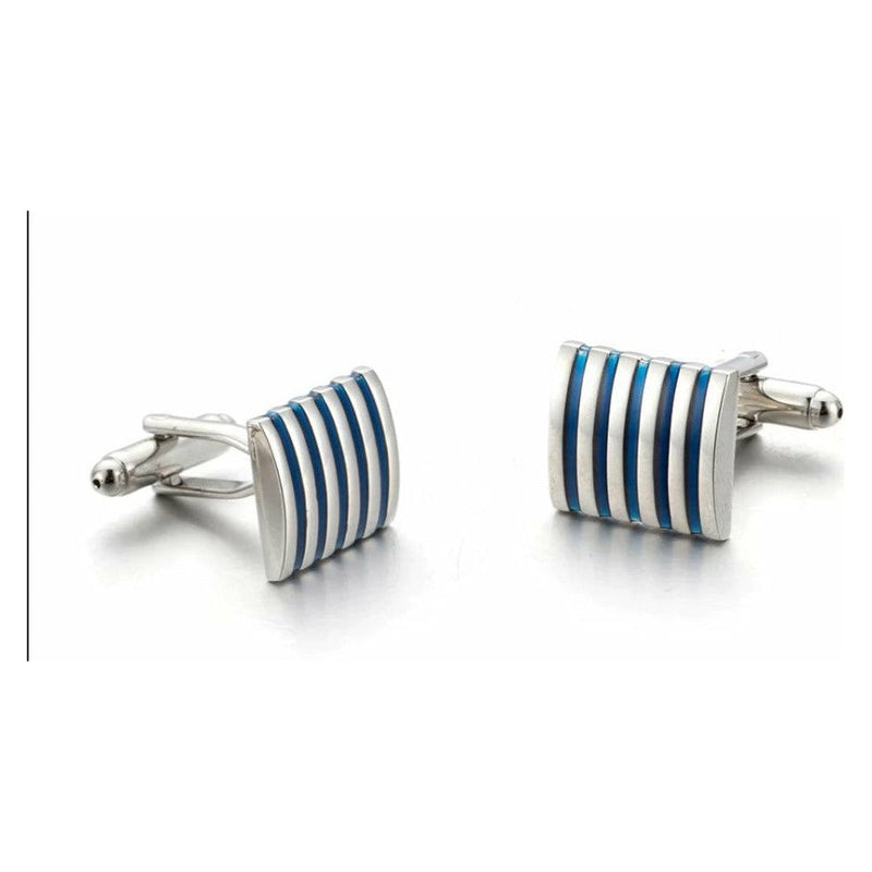 Silver & Blue Stripe Rectangle Enamel Finish Cufflinks